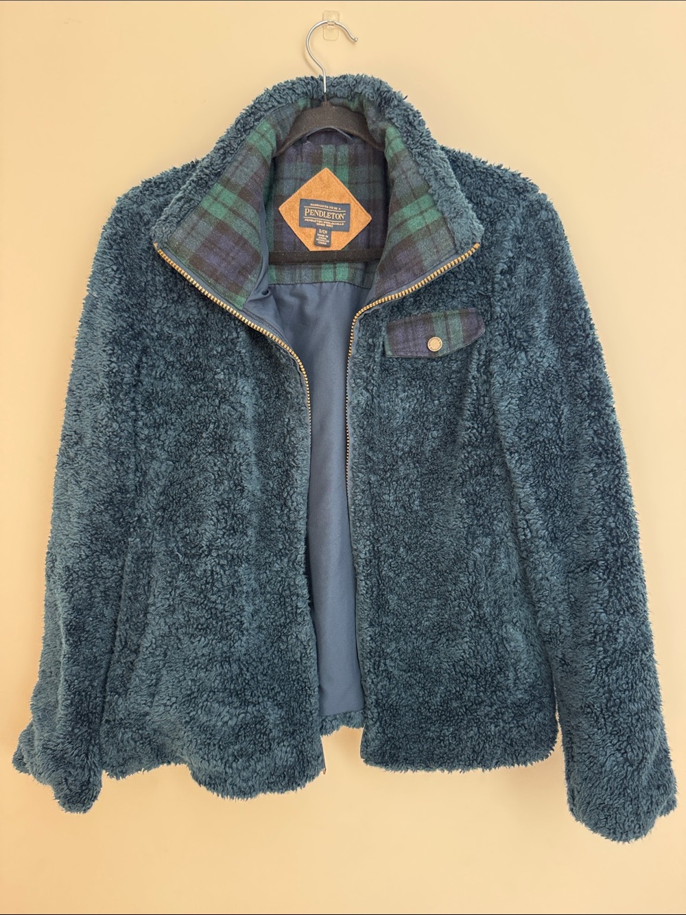 Pendleton Sherpa Fleece Jacket S Teal Blue Plaid Trim Full Zip Cozy Shearling